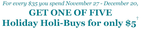 Get one of five Holiday Holi-Buys for only $5* for every $35 you spend November 27 - December 20